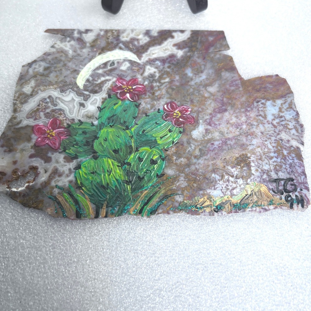 Vtg Hand Painted Cactus Artwork Natural Stone Moss Agate Slab Wood Stand‎ 6 X 5"